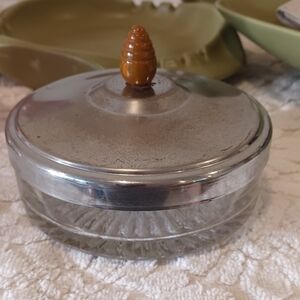 Vtg Glass Trinket Jar With Lid And Bakelite Cap